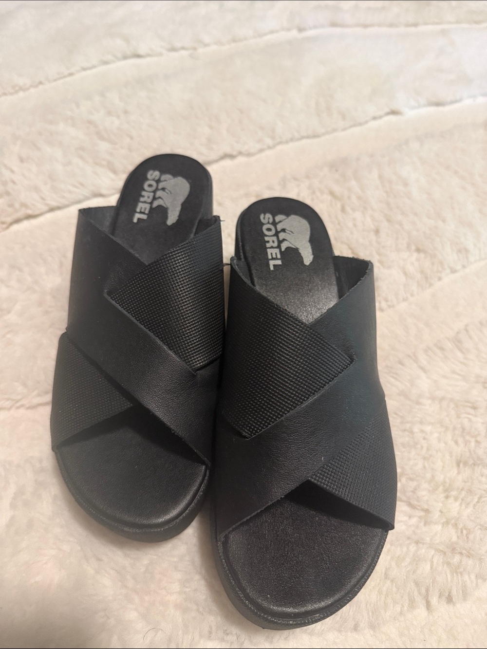 Sorel Black Platform Wedge Slide Sandals
